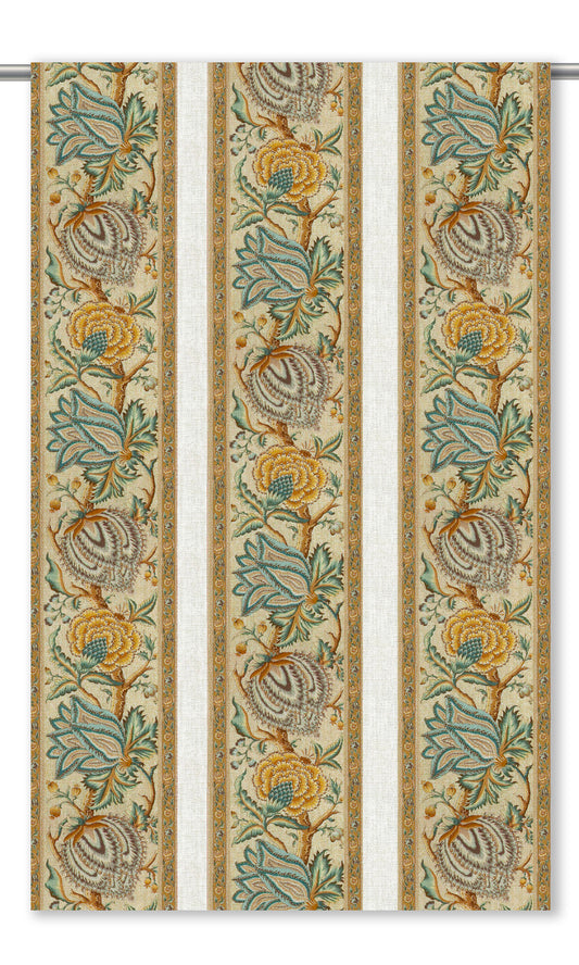 French Floral Stripes Home Decor Fabric By the Yard (Honey Yellow/ Stone Blue/ Beige)