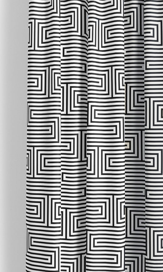 Geometric Maze Line Print Velvet Fabric Blinds (Warm White/ Black)