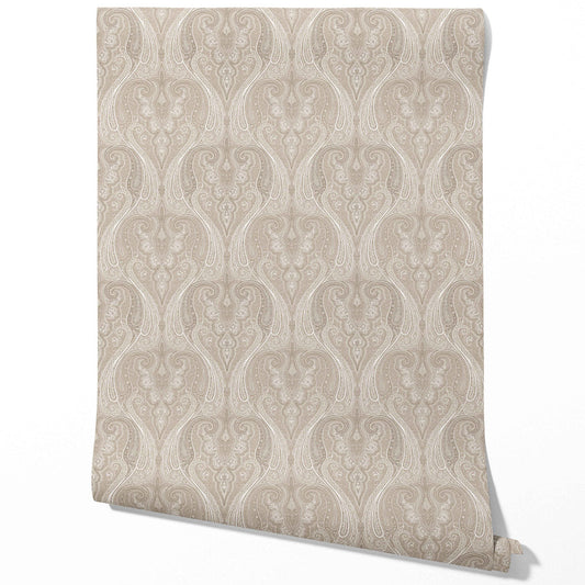 Neutral Paisley Floral/ Damask Patterned Traditional Wallpaper Sample (Brown/ Beige)