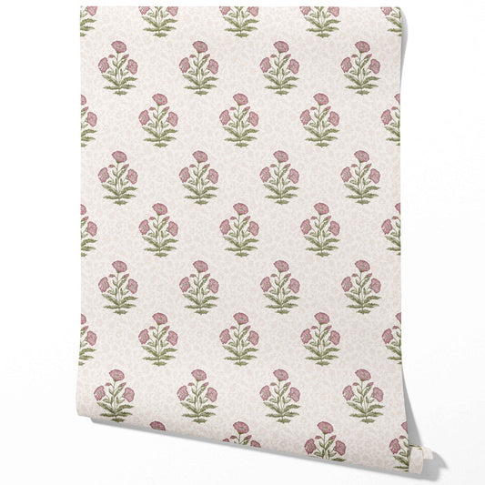 Floral Block Print Traditional Wallpaper Sample (Candy Pink/ Green)