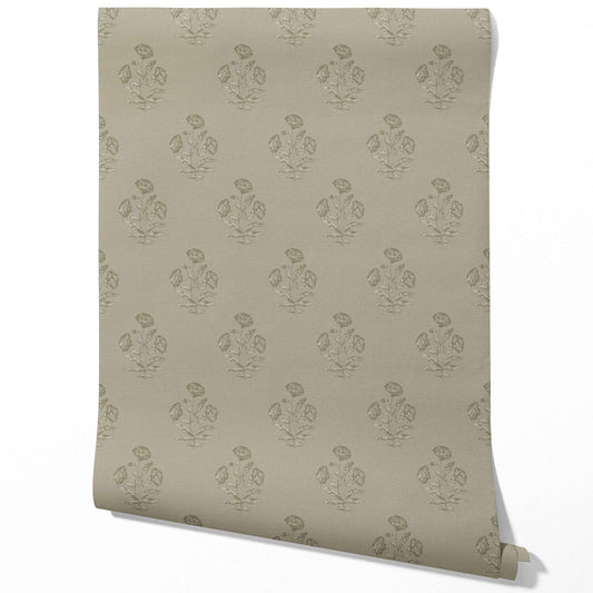 Floral Block Print Traditional Wallpaper (Olive Gray)