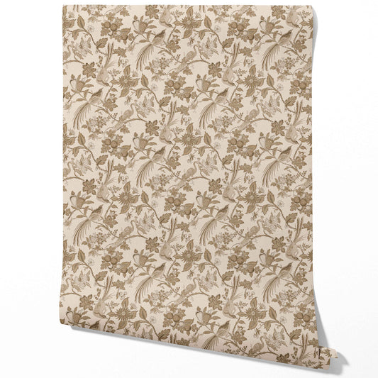 Neutral Floral/ Birds Print Traditional Wallpaper (Brown/ Beige/ Taupe)