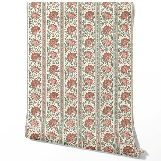 Vintage Floral Striped/ Botanical Traditional Wallpaper (Red/ Green)
