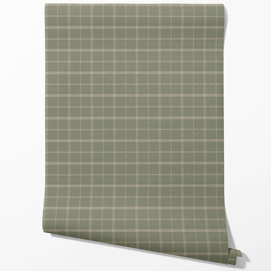 Geometric Plaid Checkered Traditional Wallpaper (Olive Green)