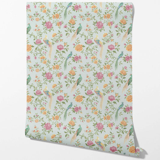 Floral Chinoiserie/ Nature Bird Print Traditional Wallpaper (Duck Egg Blue/ Pink/ Green/ Yellow)