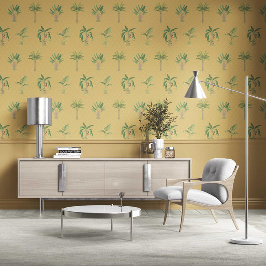 Botanical/ Floral Block Print Traditional Wallpaper Sample (Yellow/ Green/ Red)