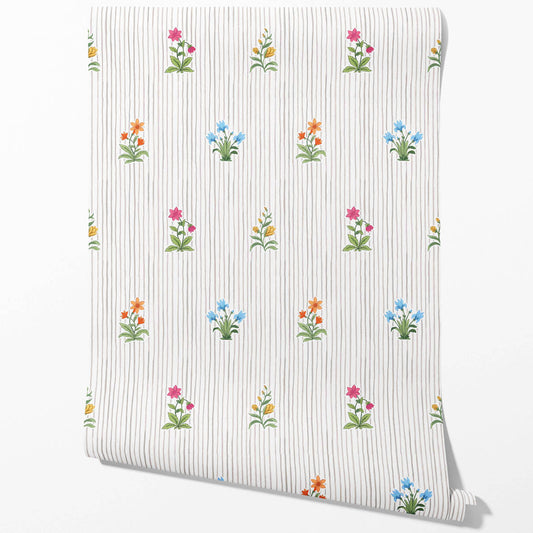 Floral Striped Block Print Traditional Wallpaper (Gray/ Pink/ Green/ Blue)