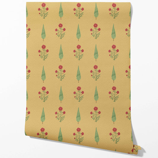 Botanical/ Floral Block Print Traditional Wallpaper Sample (Yellow/ Red/ Green)
