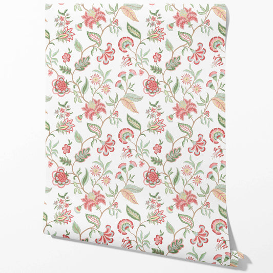 Botanical/ Floral Chinoiserie Traditional Wallpaper (Red/ Pink/ Green/ Blue)
