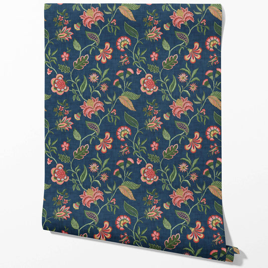 Botanical/ Floral Chinoiserie Traditional Wallpaper (Navy Blue/ Pink/ Green/ Red)