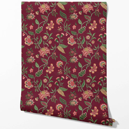 Botanical/ Floral Chinoiserie Traditional Wallpaper (Maroon/ Red/ Pink/ Green)
