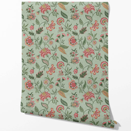 Botanical/ Floral Chinoiserie Traditional Wallpaper (Sage Green/ Pink/ Red/ Blue)