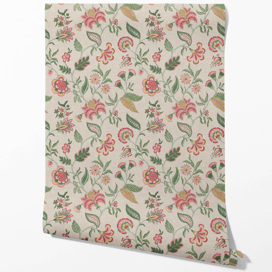 Botanical/ Floral Chinoiserie Traditional Wallpaper (Soft Pink/ Green/ Red/ Blue)