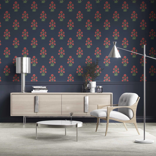 Botanical Floral Block Print Traditional Wallpaper Sample (Navy Blue/ Red/ Green)