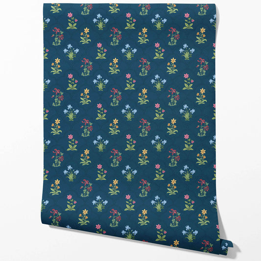 Vintage-Inspired Floral Block Print Traditional Wallpaper Sample (Teal Blue/ Red/ Pink/ Yellow/ Green)