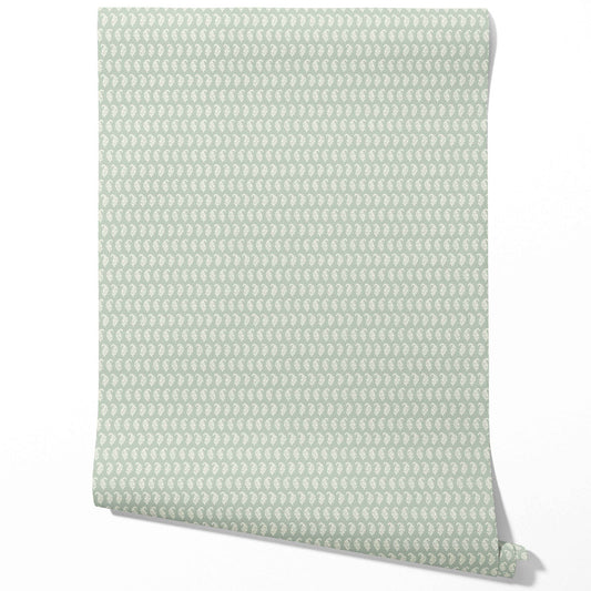 Small Paisley Floral Patterned Print Traditional Wallpaper Sample (Green/ White)