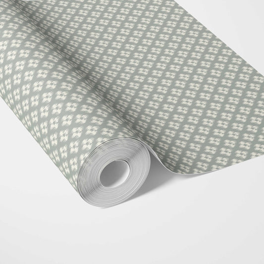 Small Geometric Ikat-Style Floral Block Print Traditional Wallpaper (Green/ White)