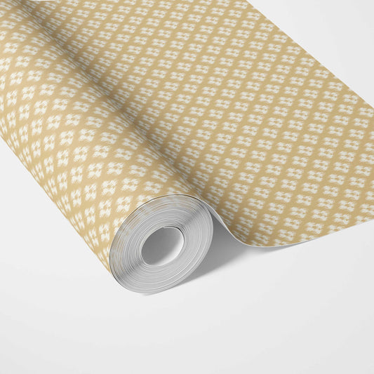 Small Geometric Ikat-Style Floral Block Print Traditional Wallpaper Sample (Yellow/ White)
