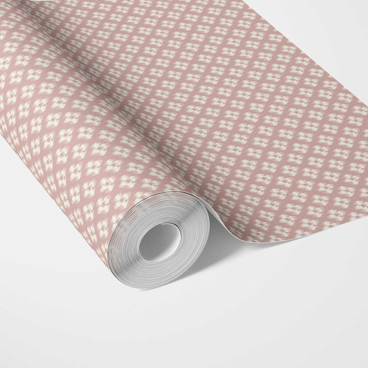 Small Geometric Ikat-Style Floral Block Print Traditional Wallpaper (Pink/ White)