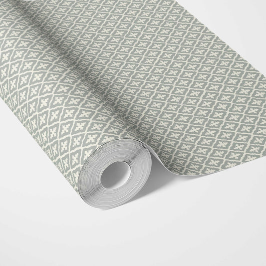 Geometric Diamond Lattice Traditional Wallpaper Sample (Green-Gray/ White)