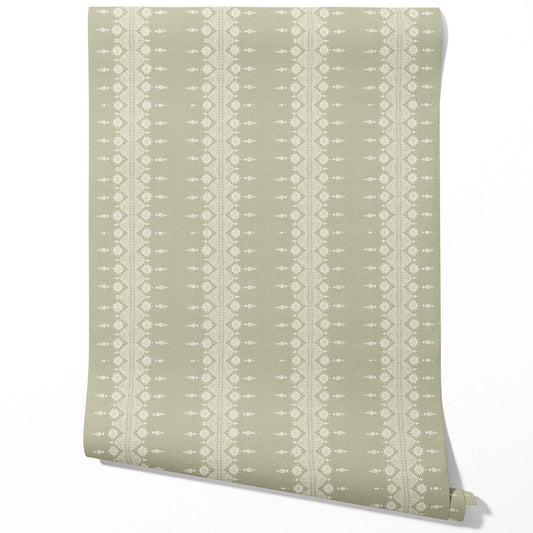 Floral Striped Traditional Wallpaper Sample (Green/ Off-White)