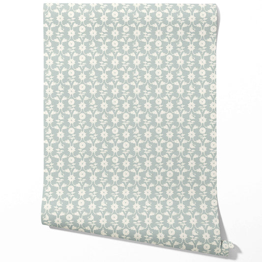 Modern Floral Botanical Traditional Wallpaper Sample (Duck Egg Blue/ White)