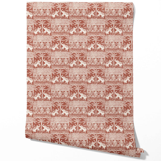 Ethnic/ Heritage Elephants & Animals Print Traditional Wallpaper (Terracotta Red/ White)