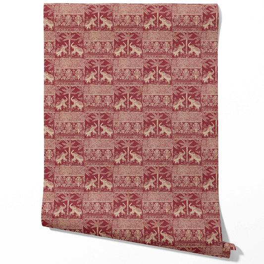 Ethnic/ Heritage Elephants & Animals Print Traditional Wallpaper (Red/ Beige)