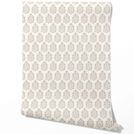 Neutral-Toned Botanical Floral Block Print Traditional Wallpaper (Cream/ Gray/ Greige)