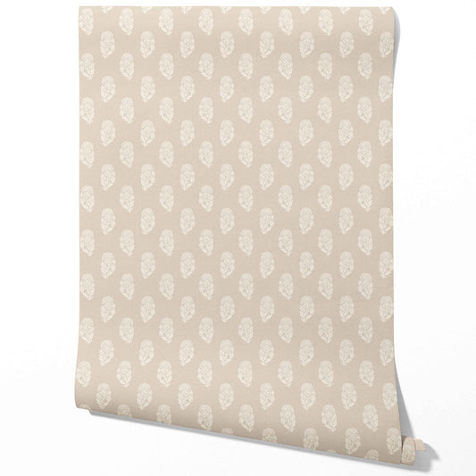Neutral Botanical/ Floral Block Print Traditional Wallpaper (Beige/ White)