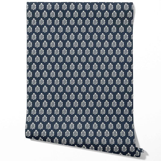 Vintage-Inspired Botanical Floral Block Print Traditional Wallpaper (Navy Blue/ White)