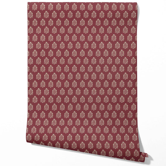 Vintage-Inspired Botanical Floral Block Print Traditional Wallpaper (Red/ Beige)