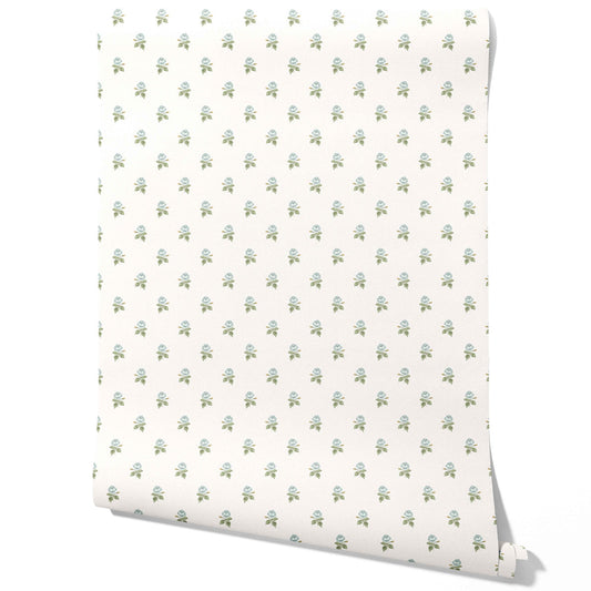 Vintage-Inspired Floral Block Print Traditional Wallpaper (Blue/ Green/ White)