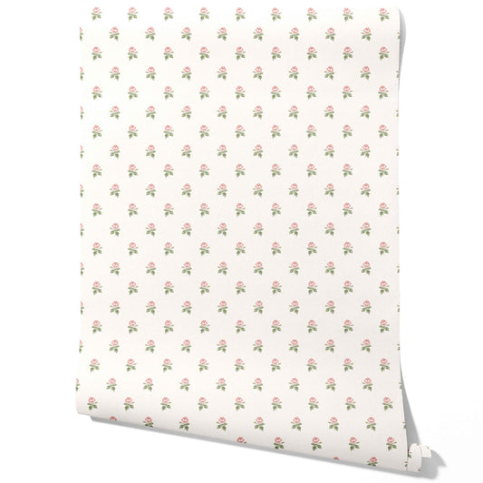 Vintage-Inspired Floral Block Print Traditional Wallpaper (Pink/ Green/ White)