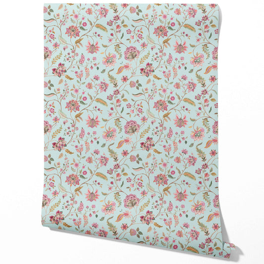 Floral Botanical Patterned Traditional Wallpaper (Blue/ Pink/ Green)