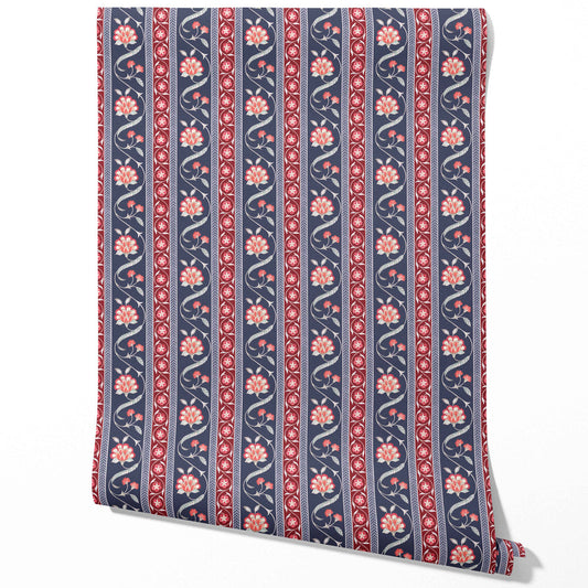 Floral Botanical Striped Traditional Wallpaper (Navy Blue/ Red/ Gray)