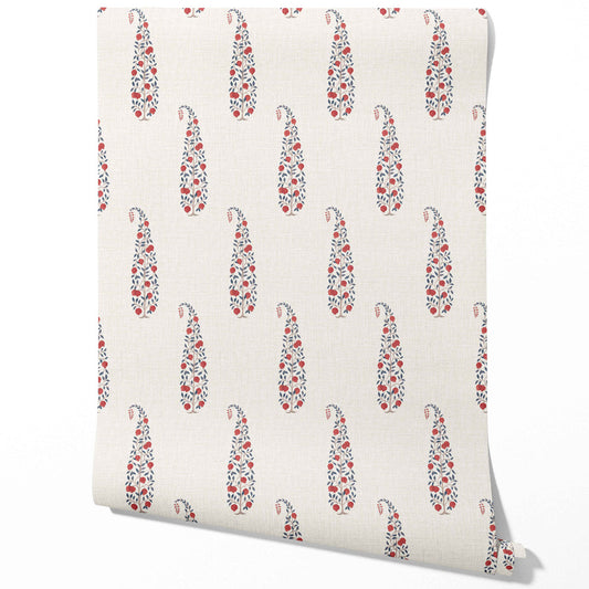 Ethnic/ Vintage-Inspired Floral Paisley Traditional Wallpaper (Red/ Navy Blue/ Off-White)